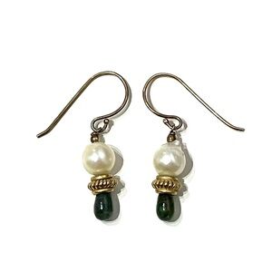 Gold Tone Pearl Natural Emerald Drop Earrings